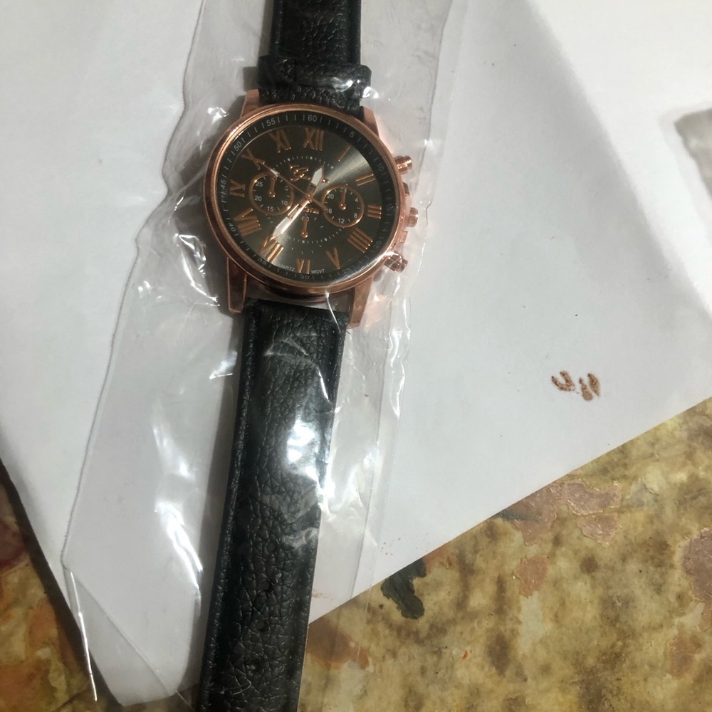 Rose Gold Case Black Leather Strap Watch